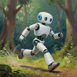 a beautfiul painting of a robot running through a forest,8k