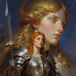 giant female head behind a female paladin, digital painting, artgerm and greg rutkowski and alphonse mucha