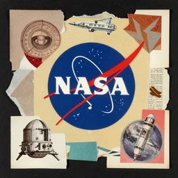 A mid-century modern collage of NASA Space Travel. Materials: random shapes cut from magazines, torn construction paper, glitter. 1955