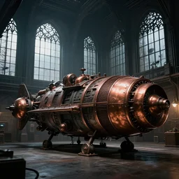 dark vintage crazy spaceship with copper equipment in a hanger with large victorian windows