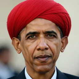 portrait of president barack obama as afghan man, green eyes and red turban looking intently, photograph by steve mccurry