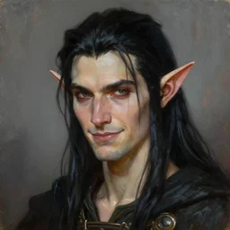 portrait of an elf ( long thin pointed ears, sharp features ) thief with long black hair, elven character with smirk, detailed realism face in painting, detailed beautiful portrait, oil painting masterpiece, fantasy artwork, 8 k resolution, smooth, sharp focus, trending on artstation, by rembrandt, by greg rutkowski, by james jean