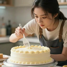 hyperrealistic semi - close up photo made by professional photograph of a young woman that cooks huge cake for her boyfriend, intricate details, photoshop edited, instagram filter, improved lighting, cinematic shot, vfx, movie, netflix, hdr