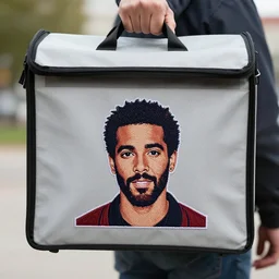 a postal carrier's bag with post malone's face embroidered on it