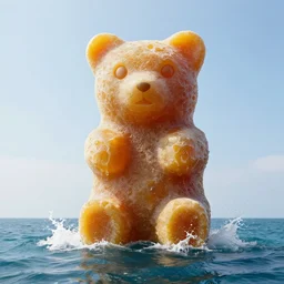 a giant sculpture of will smith as a gummy bear on the ocean water, award winning, hyper - realistic, very detailed, realistic water splashes, ray tracing, 8 k resolution, long - shot, sharp focus, low angle, 8 5 mm photograph, wide lens