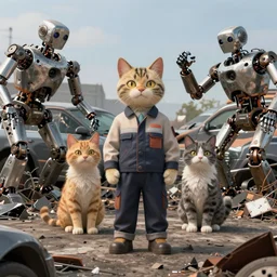 digital render. aesthetics. handsomely. handsome half - man half - cat in work clothes. car dump with the remains of broken robots. anthropomorphic cats in the middle of a car dump. by greg rutkowski, ferdinand knab, makoto shinkai. artstation trend, 4 k. wow. octane render. vray