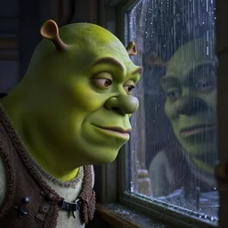 Shrek staring at his window, raining reflection, dramatic lighting, headshot, dramatic angle, morbid, depressing, nostalgic, relief, realistic, 4k resolution, 4k, highly detailed, extremely detailed face, extremely sad, 8k, digital art, trending on Artstation