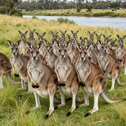 Hundreds of kangaroos linked together, their ears standing straight up on top of their heads and tails wagging as they stand in the tall grasses along the river bank. Their claws beckon to us from underneath their feet, ready to handle any threat. They are, without a doubt, the most dangerous thing we've ever seen in our lives.