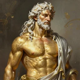 painted realist portrait of rugged sensual zeus gold paint by ruan jia greg rutkowski, greek god [ long white hair ] clear face majestic muscular physique masculine manly mature powerful handsome robe fantasy intricate elegant detailed digital painting concept art artstation sharp focus illustration