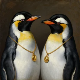 portrait of two penguins wearing gold necklaces, oil painting by jan van eyck, northern renaissance art, oil on canvas, wet - on - wet technique, realistic, expressive emotions, intricate textures, illusionistic detail,