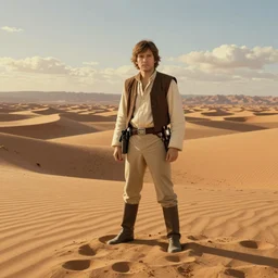 beautiful wide shot tatooine landscape obi wan kenobi,Luke skywalker, Star Wars a new hope 1977, studio ghibli, Miyazaki, studio ghibli, Jean girard, Moebius , animation, golden hour, highly detailed, 70mm