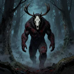 rafeal albuquerque comic art, joshua middleton, tim jacobus, artgerm : : wendigo monster with deer skull face, antlers, furry body, covered in blood : : walking through the forest : : night time : : spooky, scary, fog