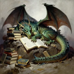 A huge dragon sleeping on a hoard of books, by Frank Frazetta. Trending on Artstation. HQ