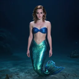 Portrait photo of Emma Watson as a mermaid, full body, cinematic lighting, starlit shining eyes