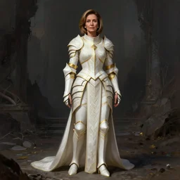 nancy pelosi, full armor, full body portrait, gentle, female, dark ruins landscape, d & d, fantasy, intricate, elegant, highly detailed, digital painting, white gold color palette, artstation, octane render, concept art, matte, sharp focus, illustration, hearthstone, art by artgerm and greg rutkowski and alphonse mucha