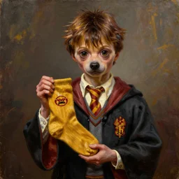 dobby from harry potter holding golden socks gloriously in his hands, oil painting