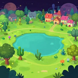 third person view, in a park and next to a lake, in a small town on an alien planet, with strange alien plants and flowers, no people, from a space themed Serria point and click 2D graphic adventure game, made in 2019, high quality graphics