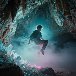 man in air, cave with crystals, glitter, volumetric light, foggy, smokey, moody, kodak photography, cyan and pink light