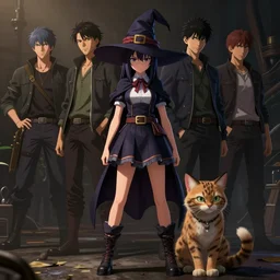 full body portrait character concept art, anime key visual of a little witch with her caracal mascot, cinematic lighting, dramatic atmosphere, by dustin nguyen, akihiko yoshida, greg tocchini, greg rutkowski, cliff chiang, 4 k resolution, octane render