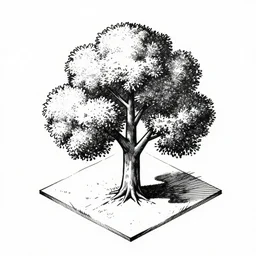 a screenprint drawing of a tree in isometric perspective, black and white