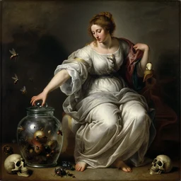 a painting of pandora opening her jar, releasing insects and critters that impersonate sickness and death, personification of misery, she is fully dressed in robes in the style of realism and a masterpiece by artemisia gentileschi