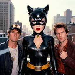 phil noto, peter mohrbacher, thomas kinkade, artgerm, 1 9 5 0 s catwoman dc comics, symmetrical eyes, city rooftop