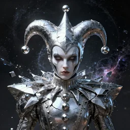 front shot of a court jester character fine portrait fine portrait mesmerizing fractal hyper cubes platinum cracked dark future hyper dimensional space galactic crystal shard nebula edges elegant detailed intricate concept artstation sharp focus ray tracing cinematic masterpiece octane render nvidia temporal corruption beeple wlop lok du germ tomasz alen 8 4 k scifi
