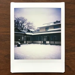 atmospheric polaroid photograph of snowy anime courtyard