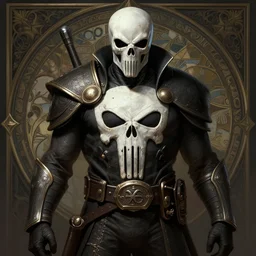 a gaming screenshot still portrait of the punisher, deep focus, d & d, fantasy, intricate, elegant, highly detailed, digital painting, artstation, concept art, matte, sharp focus, illustration, dark fantasy style art, hearthstone, art by artgerm and greg rutkowski and alphonse mucha