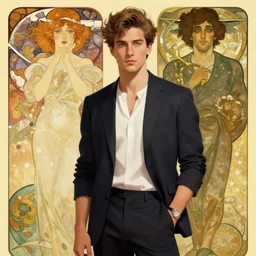 modern man | hyperrealistic | digital painting | trending on artstation | pinup portrait | clean | illustration | dressed | Unreal Engine 5 | 8k resolution | by Greg Rutkowski Alphonse Mucha Gustav Klimt and Mel Ramos