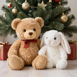 cute teddy bear and bunny sitting under the christmas tree, soviet new year card,