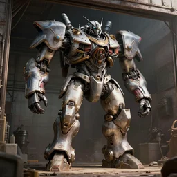 wolfenstein, fallout 5, huge mecha in garage, atmospheric lighting, painted, intricate, volumetric lighting, beautiful, daytime, sunny weather, slight overcast, sharp focus, deep colours, ultra detailed, by leesha hannigan, ross tran, thierry doizon, kai carpenter, ignacio fernandez rios