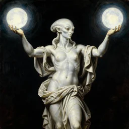 marble statue of a supernatural alien being reaching with arms outstretched, hands holding big glowing orbs, pulp sci - fi art for omni magazine. high contrast. baroque period, oil on canvas. renaissance masterpiece.