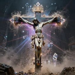 christ on the cross, technology and magic combined, circuitry and sigils combined, photorealistic, technical, royo, frazetta, giger, leds, dust, laser light, crystalline shimmers, chaos, complexity, emergence,