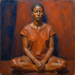 detailed full body portrait in strong femininity, ethnic, realistic face sculpted features, statuesque model, plain untucked shirt, seated, warm cast, bathed in light, filmic, chiaroscuro, bas relief, specular highlights, angular impressionism, radiosity, deep rich tones, indigo and rust orange, contemporary art, oil on canvas