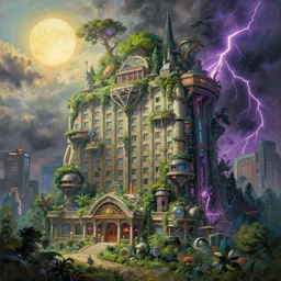 a beautiful ultradetailed painting of hotel nature architecture building by henri rousseau, postcyberpunk synthwave assassin's creed gem tron azeroth reclaimed by nature studio ghibli morning sun thunderstorm neon noir magic realism, archdaily, wallpaper, highly detailed, trending on artstation.