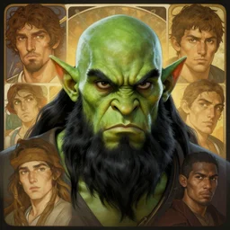 centralized head - on character portrait, green skin, angry handsome d & d orc monk with black hair and black beard, alphonse mucha, rhads, ross tran, dungeons and dragons character art commission, artstation, artgerm, octane render, 1 6 k