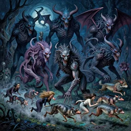 the nightmare beasts on the hunt and the prey on the run, art, detailed, intricate, non euclidian, vibrant, stability ai, andreas franke, chesley bonestell, h r giger, lisa frank, ren hang, rolf armstrong, cool lighting