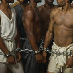 painting of black slaves being freed from chains and shackles, detail, lighting