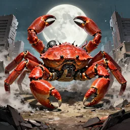 a very big giant mechanical weapons battle armor crab in the middle of war - torn battlefield of a crumbling city, big moon, some smoke, artstation, concept art, smooth, sharp focus, vivid grunge, manga, illustration, unreal engine 5, 8 k, traditional japanese colors, superior quality, very detailed, wide angle, by bilibin and kuvshinov, by mal