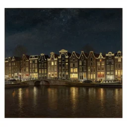 view from the amstel river in amsterdam at night, starry sky, art by john atkinson grimshaw, very beautiful, intricate, highly detailed, romantic painting