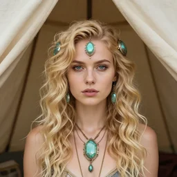 vertical photo of polish female inside primitive tent, blonde, curly hair, symmetrical beautiful face, cyberpunk decorations and jewelry, native costume, standing in the primitive tent, fashion editorial photography, hyperrealistic, from vogue magazine, reflections, refraction, gold, teal, orange