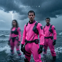 cinestill hasselblad candid award winning press portrait by robert capas of cyberpunks wearing rugged neon pink mesh techwear in treacherous waters, thunderstorm, wideangle, extreme motion blur, modern cyberpunk moody depressing cinematic, pouring rain, 8 k, hd, high resolution, 3 5 mm, f / 3 2, ultra realistic faces, ex machina