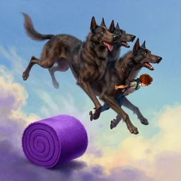 a amazing picture of hell's three - headed dog, turned into a purple roll, rushed down from the sky, a boy, by greg rutkowski and thomas kinkade, trending on artstation