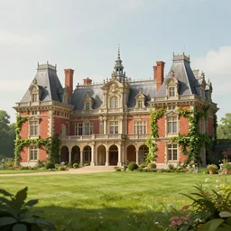 matte painting of a countryside landscape of a nobleman large estate with xix century manor. fantastical, elegant, intricate elaborate, red brick, ivy, opulent, archways, columns, balcony, towers, verdant lawn. sharp focus, smooth detailed digital art trending in artstation