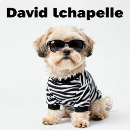 a cream - colored havanese dog in a zebra print bodysuit and sunglasses, an album cover by david lachapelle, tumblr contest winner, afrofuturism, freakshow, dynamic pose, renaissance painting