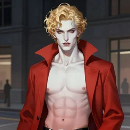 portrait of a beautiful young fit male vampire with curly blond hairs and pale skin, dressed with urban clothes, night scene, by Greg Rutkowski and alphonse mucha, d&d character, gradient white to red, in front of a modern background, highly detailed portrait, digital painting, artstation, concept art, smooth, sharp focus ilustration, Artstation HQ