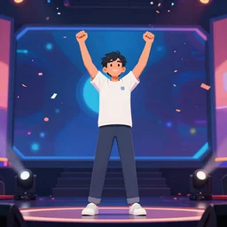 Winner celebrating on stage at a video game tournament, moment of victory as confetti flies through the air
