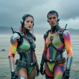 cinestill hasselblad 2 0 0 mm, f 1. 2, extreme motion blur, candid photographic portrait by robert capas of 2 cyborgs wearing rugged neon rainbow mesh techwear in treacherous waters, burning man nevada, modern cyberpunk moody depressing cinematic, pouring rain, ultra realistic faces, ex machina