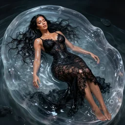 epic full body shot still of kim kardashian unconscious wearing a black lace dress trapped in a transparent alien liquid, wet flowing hair, gooey skin, illustration, unreal engine 5, 8 k, made by h. r. giger.